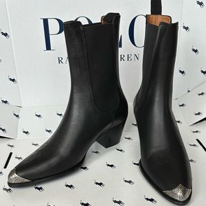 NWB $695 Polo Ralph Lauren Black Leather Metallic Toe Cup Western Women’s Boots